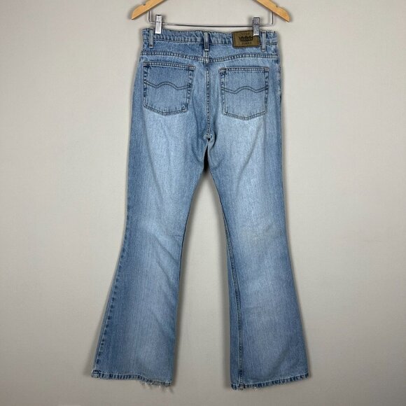 Todd Oldham Jeans 7x33 Blue Flare Leg Bell Bottom Mid Rise Denim 90s Y2K Hippie - Picture 2 of 15